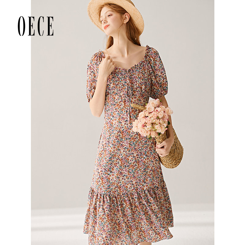 Oece春夏装新款女装复古小碎花方领优雅雪纺连衣裙