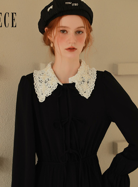 Oece复古小黑裙春秋季新款女装设计感小众娃娃领气质连衣裙子