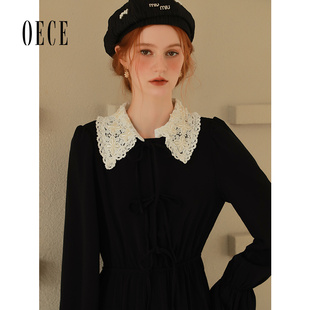Oece复古小黑裙春秋季新款女装设计感小众娃娃领气质连衣裙子