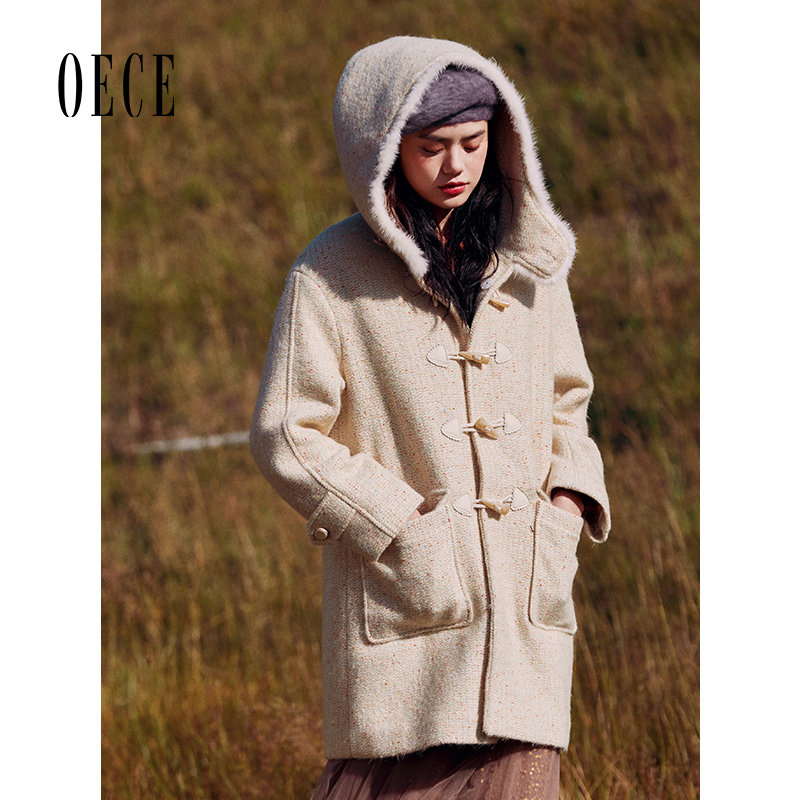 Oece牛角扣毛呢外套冬新款复古中长款连帽呢大衣女