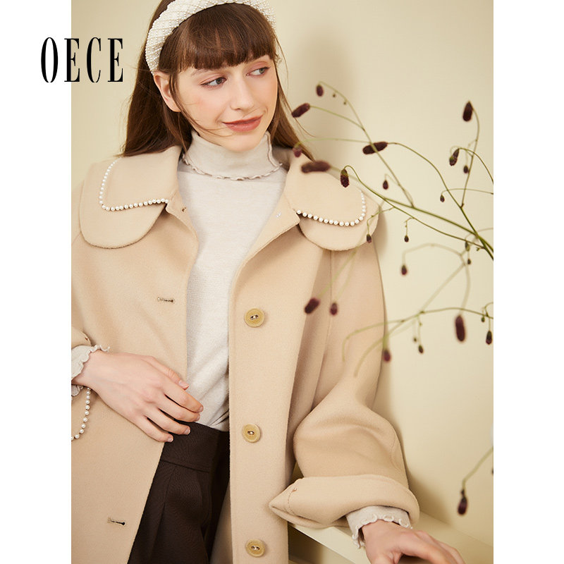 Oece冬装新款女装法式复古减龄毛呢外套中长款双面羊毛呢大衣
