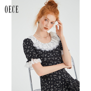 Oece复古碎花连衣裙夏季新款女装蕾丝花边拼接圆领甜美优雅裙子