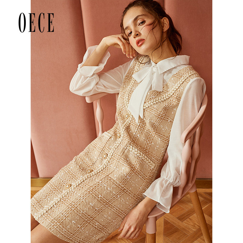 Oece春秋装新款女装 甜宠小香风复古优雅织花修身连衣裙背心裙