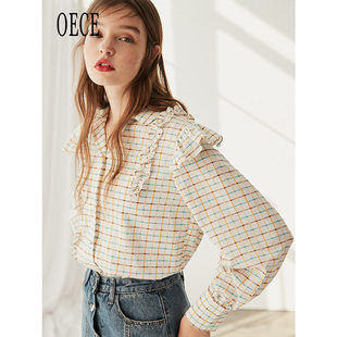 格子衬衫 Oece春装 可爱复古学院减龄花边设计感长袖 女装 新款