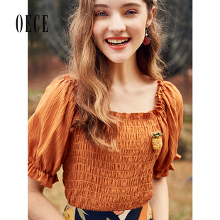 雪纺上衣衬衫 Oece夏装 少女方领复古减龄短袖 女装 新款