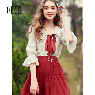 Oece春夏新款女装复古港味雪纺衫娃娃领设计感衬衫女士上衣