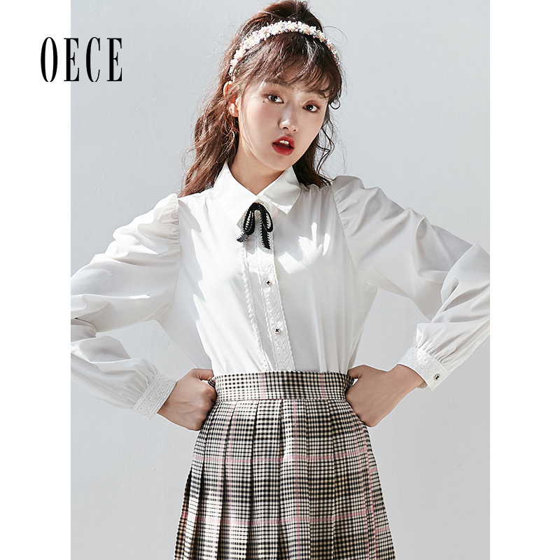 Oece秋装新款女装 复古甜心减龄翻领系带泡泡袖个性长袖衬衫