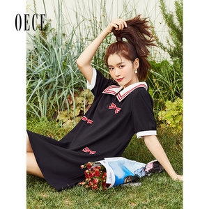 Oece甜美连衣裙夏季新款女装别致设计感裙子蝴蝶结短袖polo裙