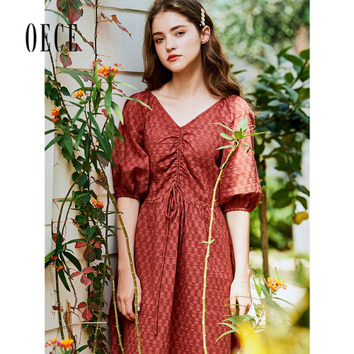 Oece夏装新款女 甜心法式复古温柔V领高腰系带灯笼袖连衣裙