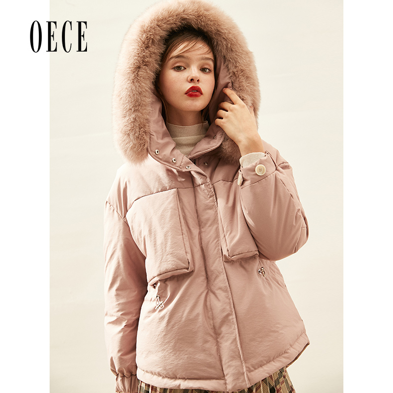 oece秋冬新款女装吸睛带帽狐狸毛领加厚羽绒服