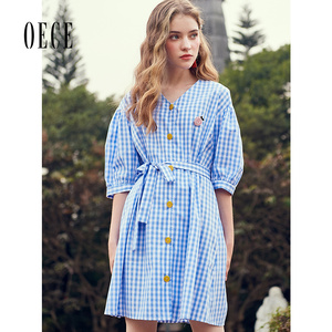 Oece夏装新款女装 清新海盐蓝色格纹复古甜美泡泡袖连衣裙
