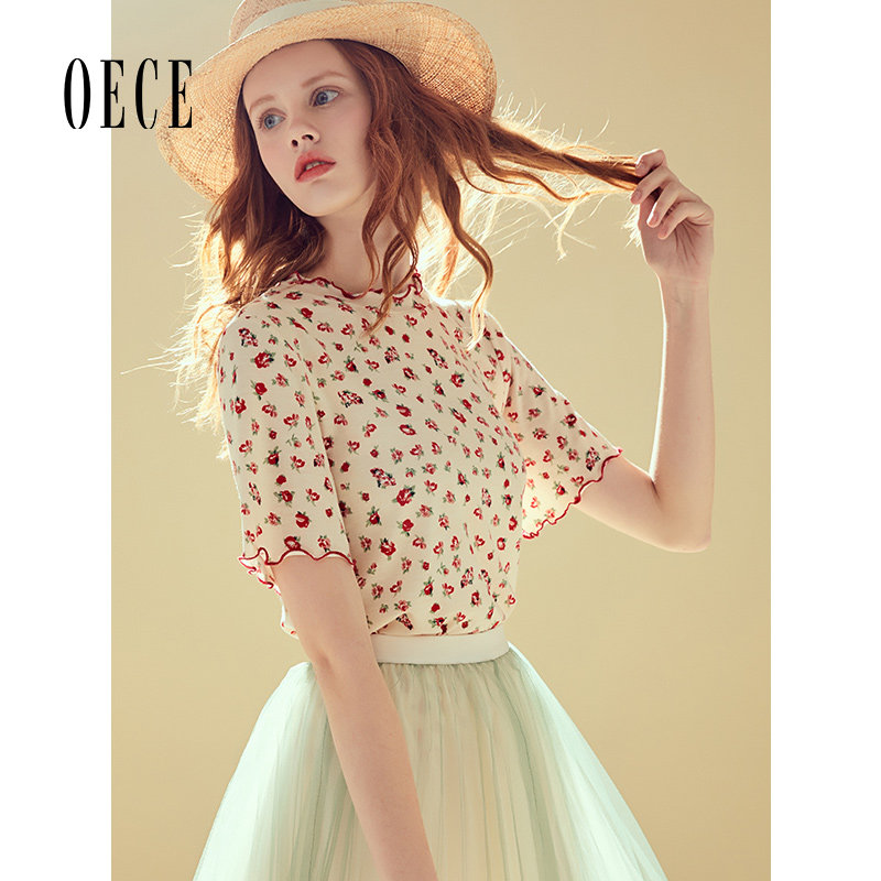 Oece夏装新款女装 冰氧小碎花元气可爱撞色花边圆领短袖T恤