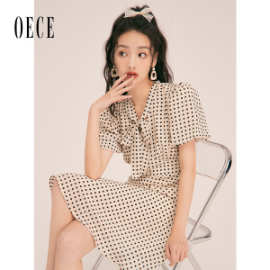 Oece法式波点连衣裙春夏新款女装高级感小黑裙复古气质中长裙