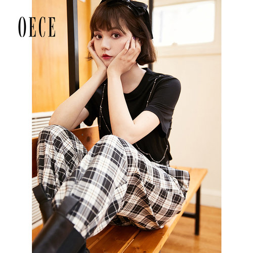 Oece高腰修身小脚复古格子休闲裤