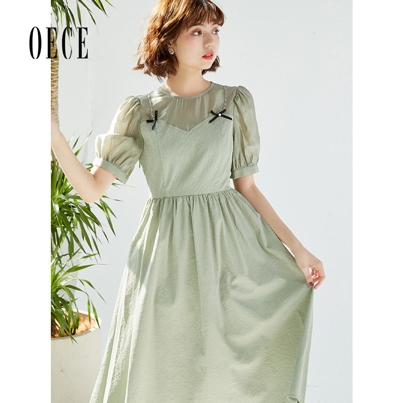 Oece夏季新款女装法式复古裙子蝴蝶结法式拼接短袖连衣裙