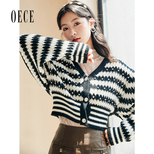 开衫 Oece复古条纹毛衣秋装 文艺撞色针织衫 女装 短外套春秋 新款