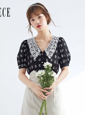 Oece夏装新款女装 甜甜公举法式复古蕾丝翻领泡泡袖碎花上衣