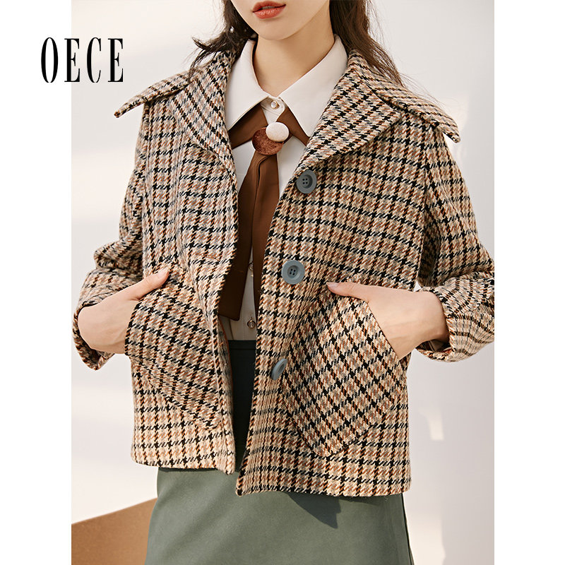 oece冬装复古文艺格子大衣