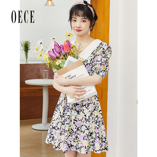 Oece复古碎花裙子夏装新款女装春夏季法式甜美短袖气质连衣裙