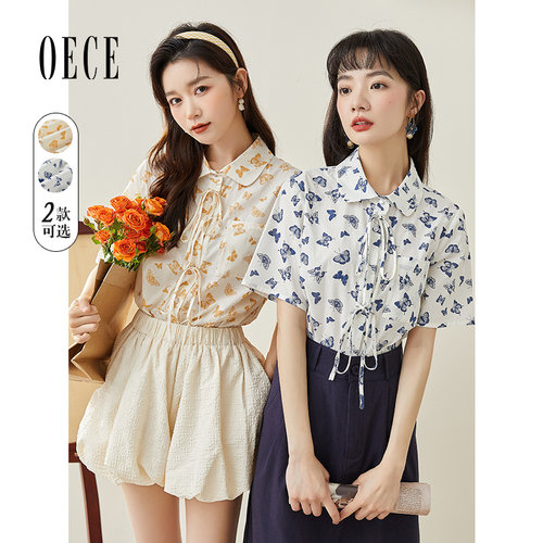 oece夏季新款法式系带小碎花衬衫
