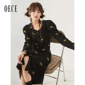 Oece复古气质两件套秋冬季 春秋 刺绣短外套女设计感套装 新款 女装
