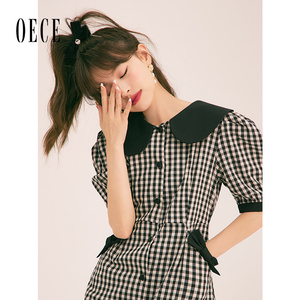 Oece港味复古chic裙子春夏季新款女装气质格纹连衣裙中长款裙