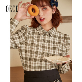 格纹长袖 Oece复古格子衬衫 女文艺泡泡袖 新款 上衣 春装