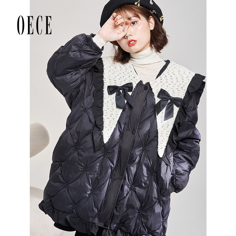 Oece设计感羽绒衣冬装新款女装法式减龄蝴蝶结甜美羽绒服外套