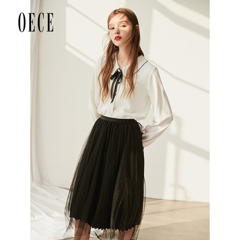 Oece春装新款女装 法式气氛梦幻复古百褶纱裙半身裙中裙