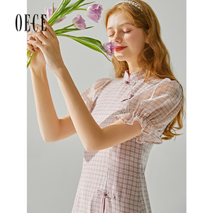 Oece夏装新款女装 浅紫格纹小复古中式盘扣个性短袖连衣裙