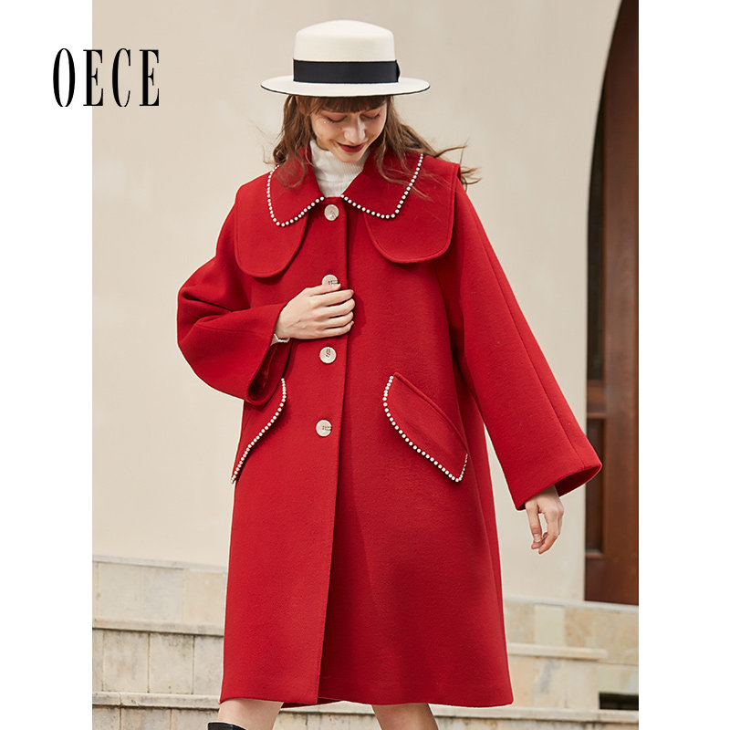 Oece冬装新款女装 复古红色气质大衣中长款毛呢外套