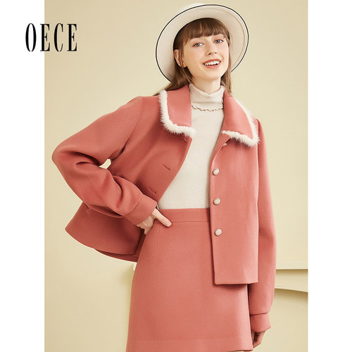 Oece秋冬装新款女复古文艺毛呢外套短款羊毛呢子大衣