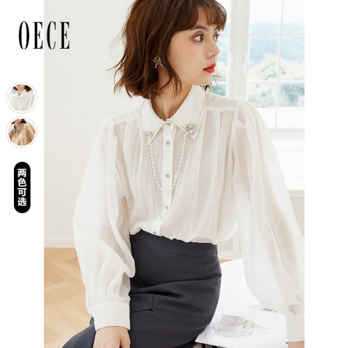 Oece气质通勤衬衫春秋季新款女装法式薄款长袖衬衣夏设计感上衣