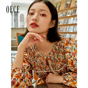 Oece法式复古碎花连衣裙春秋新春装新款气质裙子女花裙