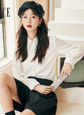 Oece气质女士衬衫春秋新款女法式设计感长袖白色衬衣上衣