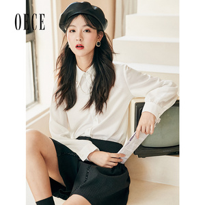 Oece气质女士衬衫春秋新款女法式设计感长袖白色衬衣上衣