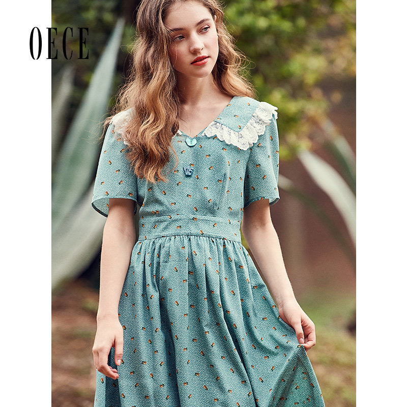 Oece夏装新款女装 复古减龄蕾丝花边娃娃领裙子碎花连衣裙