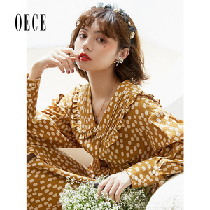 Oece复古波点裙子春秋新款女法式女连衣裙春夏气质裙子