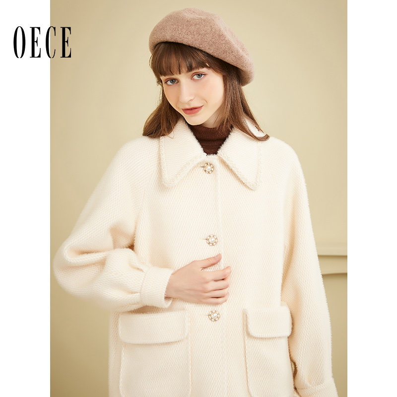 Oece冬装新款女装 复古中长款毛呢外套气质呢子大衣