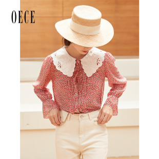 甜美娃娃领长袖 Oece春装 法式 甜心复古碎花衬衫 上衣 女装
