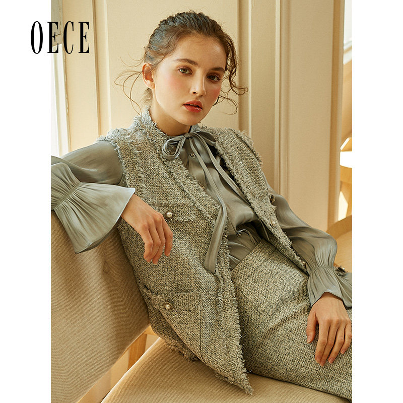 Oece春装新款女装 复古优雅系小香风修身无袖背心外套上衣
