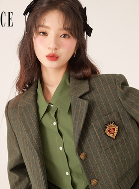 Oece复古条纹小西装外套秋冬季新款女装高级感两件套毛呢套装