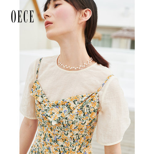 Oece春夏新款设计感小众短袖内搭复古泡泡袖纯色上衣