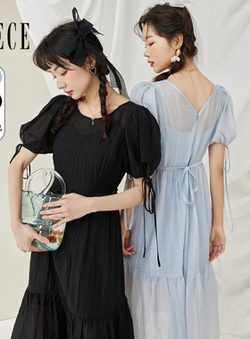 Oece少女风连衣裙春夏新款女装复古气质裙早春收腰短袖裙子