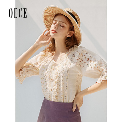 Oece夏装新款女装 法式蜜糖复古梦幻V领优雅气质水溶蕾丝上衣