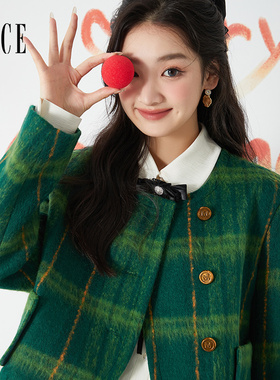 Oece设计感格纹外套冬新款女装复古气质毛呢短外套秋冬小个子
