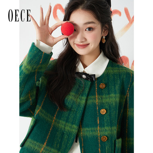 Oece设计感格纹外套冬新款女装复古气质毛呢短外套秋冬小个子
