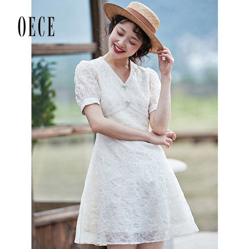 Oece甜美白色女裙夏装新款女法式气质高腰连衣裙