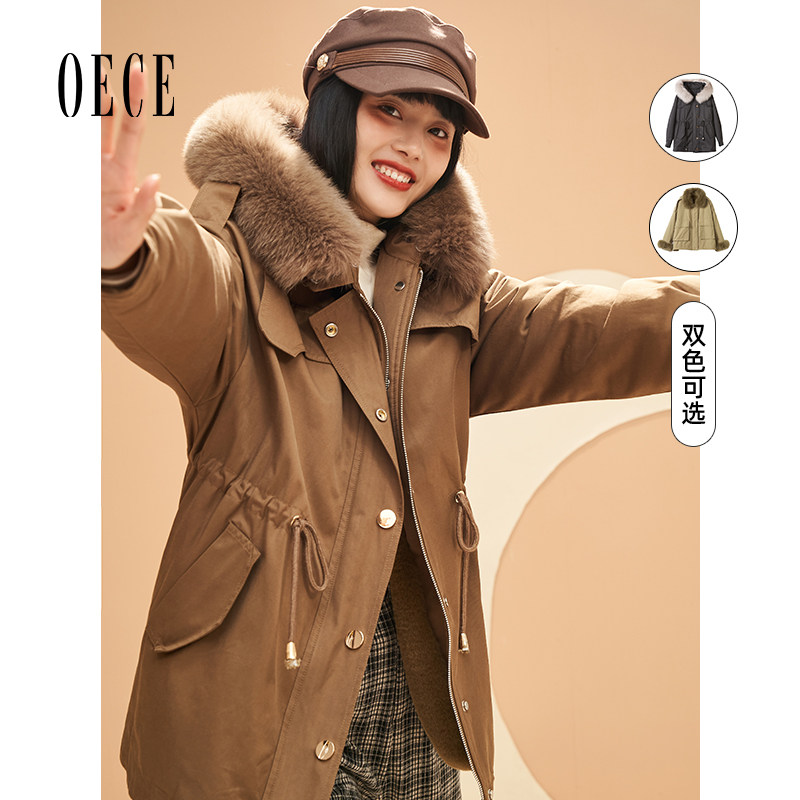 Oece加厚派克服冬季新款复古大毛领收腰外套气质大衣