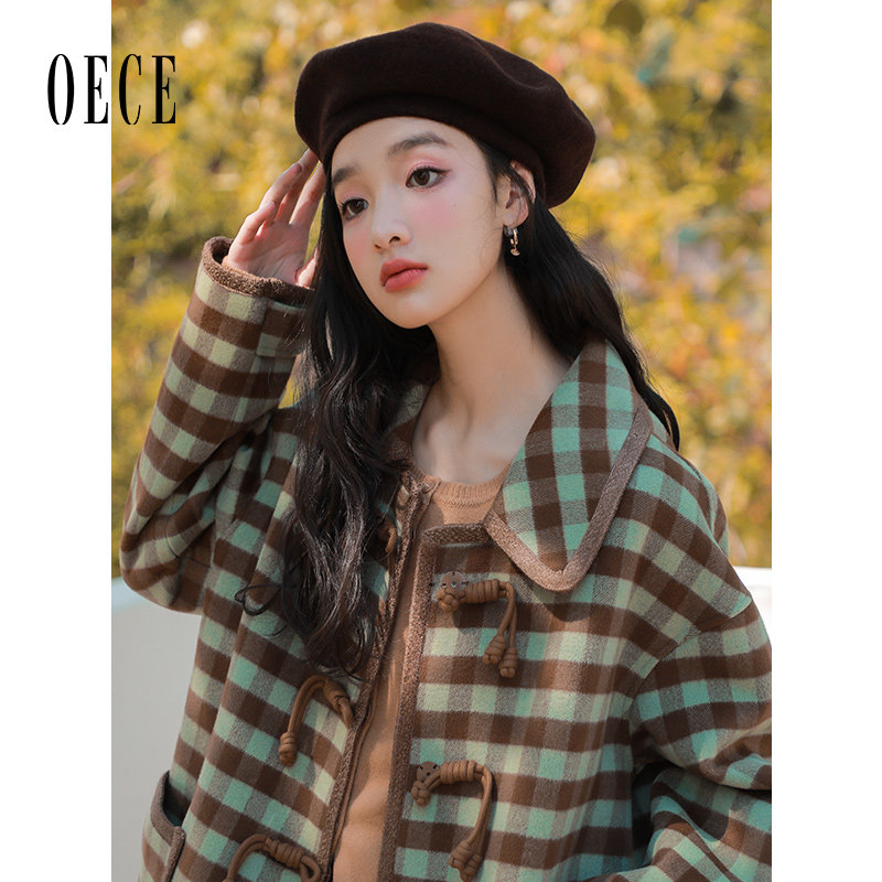 Oece复古格纹中长款气质毛呢外套